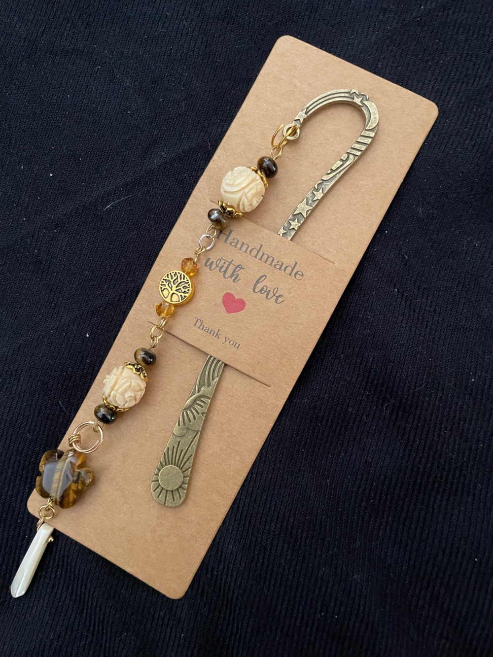 Handmade Brown and Cream Beaded Bookmark with Tree of Life Charm